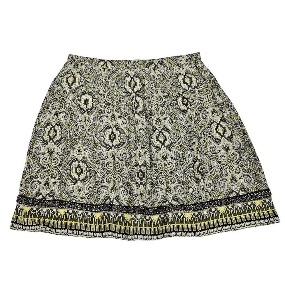 Dress Barn Women L Paisley Medallion Beaded Trim A-Line Skirt‎ Olive Yellow Boho